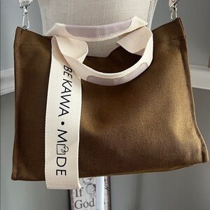 BE KAWA MODE Brown and Tan Tote Bag, material is canvas, with wide storage area.